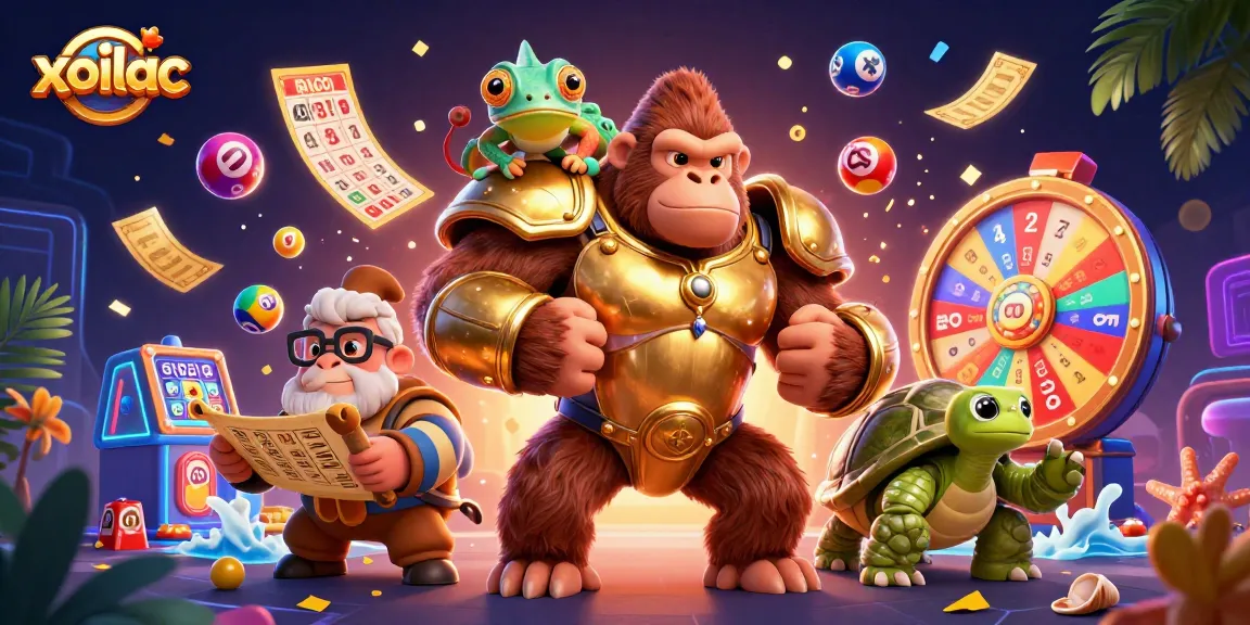 Xoilac brings excitement with a dynamic casino scene featuring colorful lottery elements and 3D characters.