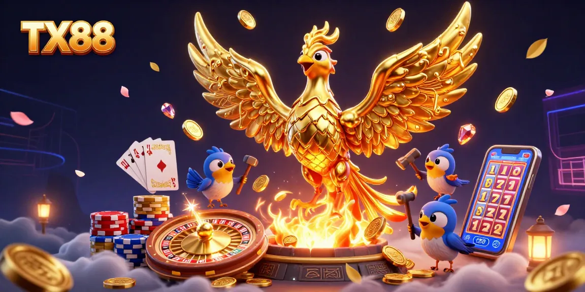 Spin to win with TX88 at the casino, featuring a golden phoenix and vibrant gaming elements.
