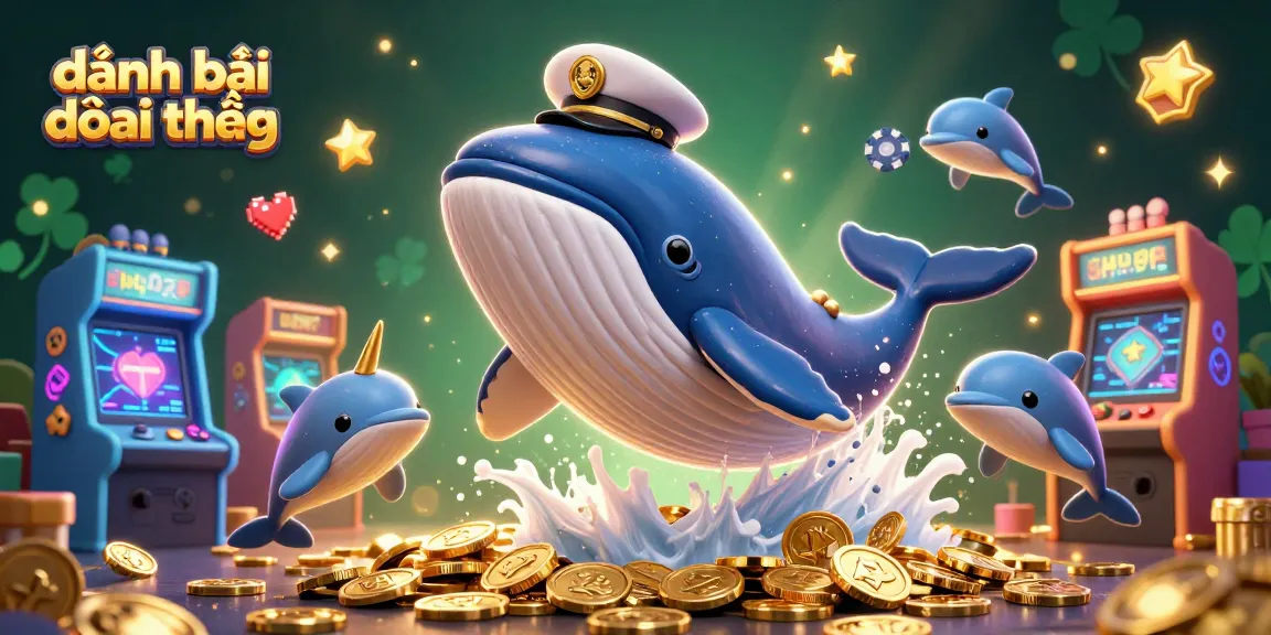 Engage in đánh bài đổi thưởng with a vibrant 3D casino scene showing a whale and friends celebrating winnings.