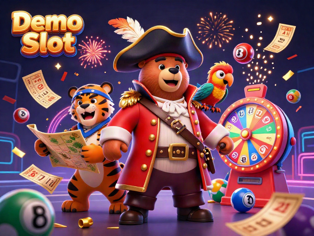 Engage with the Demo Slot scene featuring vibrant characters, exciting elements, and a festive casino atmosphere.