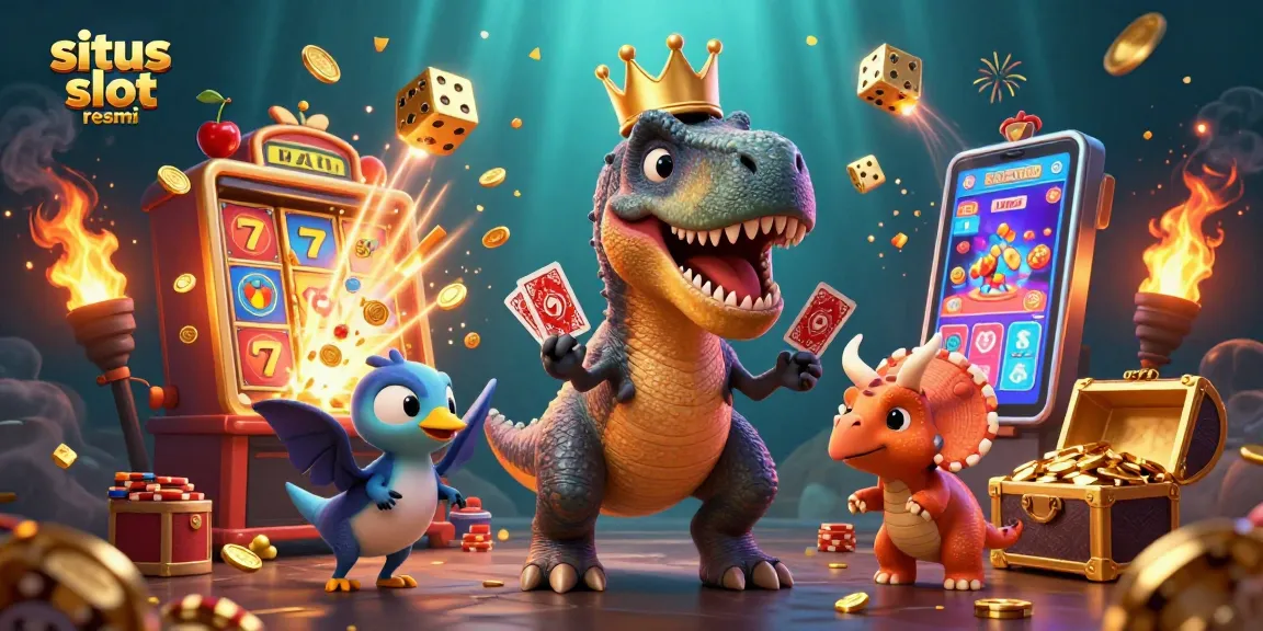 Play exciting games at situs slot resmi with a 3D T-Rex, winning chips, and vibrant slot elements!