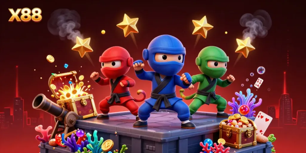 The x88 team of chameleon ninjas showcases thrilling casino action on a vibrant rooftop.