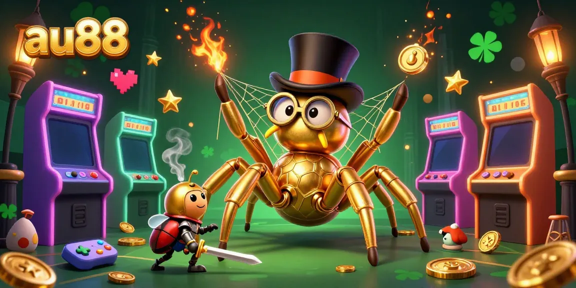 Engage with the vibrant gaming world of au88 featuring a golden tarantula and brave beetle knight in a casino setting.