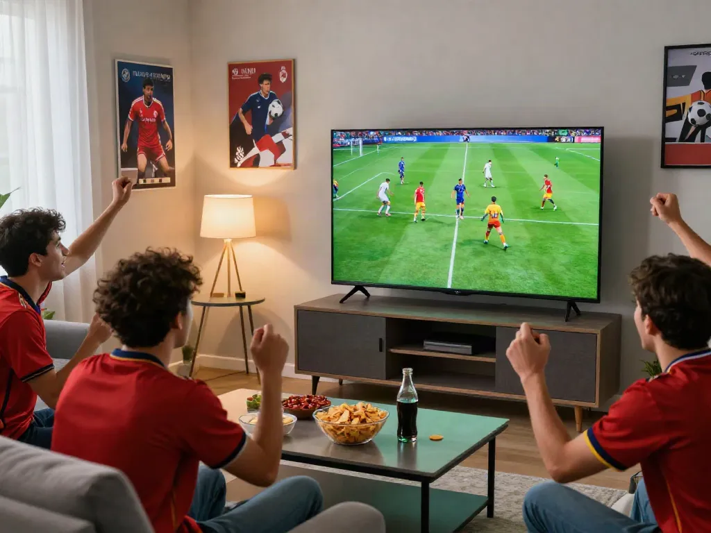 Friends enjoying a lively football match while watching Xoilactv on a large TV.