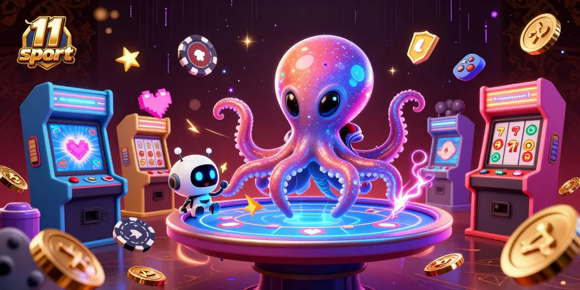 Engage with 11 sport through a vibrant 3D casino scene featuring an octopus and robot at a lively gaming table.