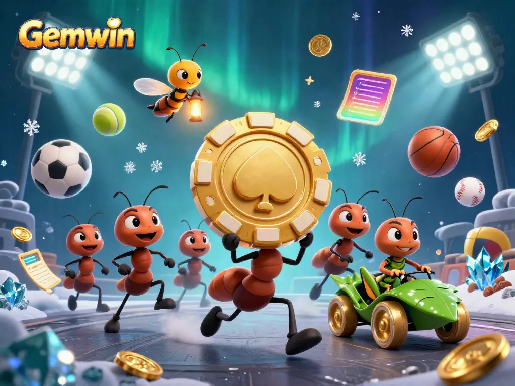 Engaging Gemwin scene with ants carrying a giant poker chip amidst dynamic gambling elements.