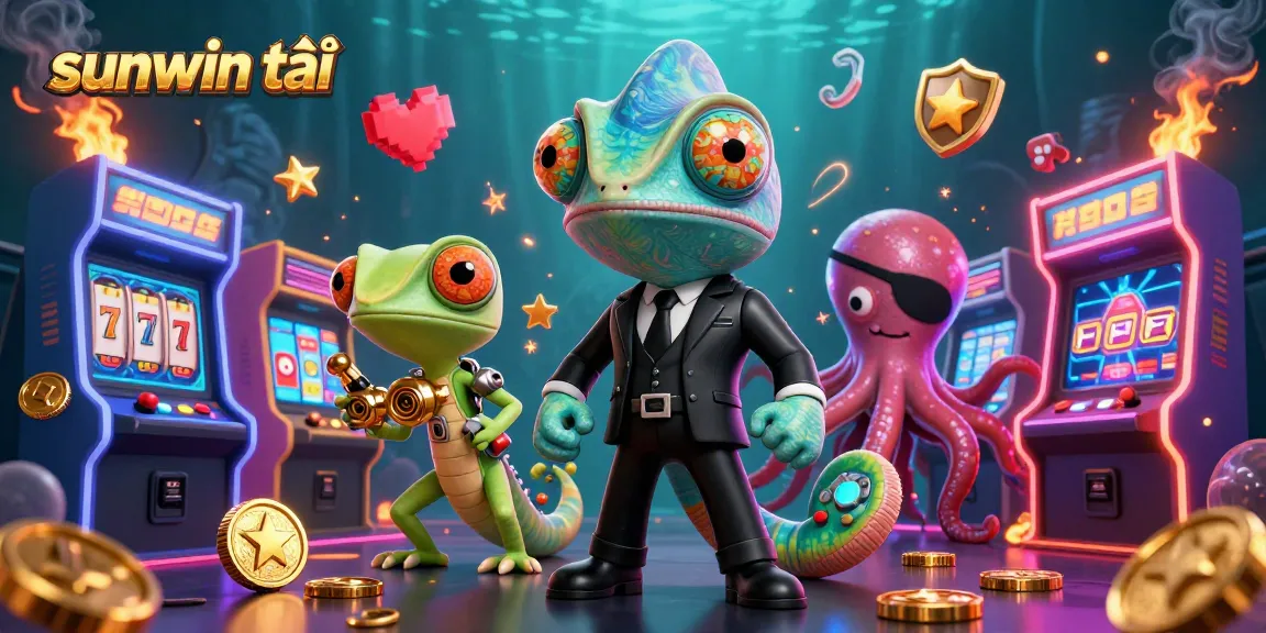 Engage with sunwin tải featuring a dynamic casino illustration showcasing a chameleon, gecko, and octopus amidst vibrant game elements.