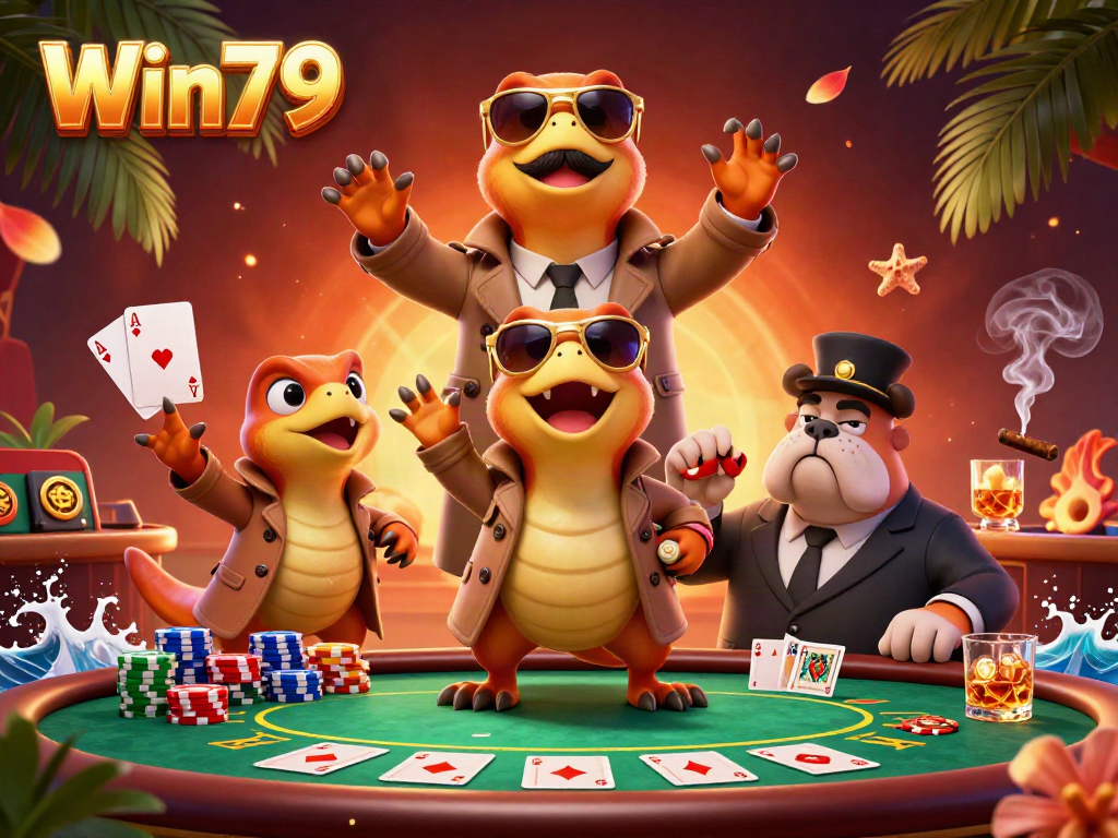 Win79 presents a vibrant casino scene with raptors entering a VIP lounge, showcasing poker elements.