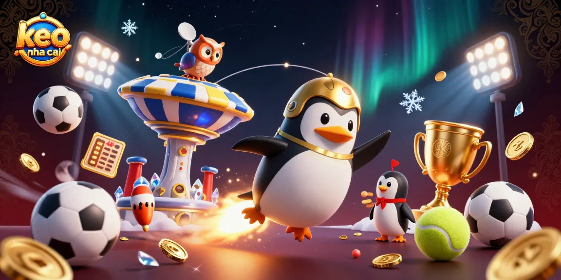 Bet on keo nha cai as a golden penguin flies through space, aiming for casino victory.