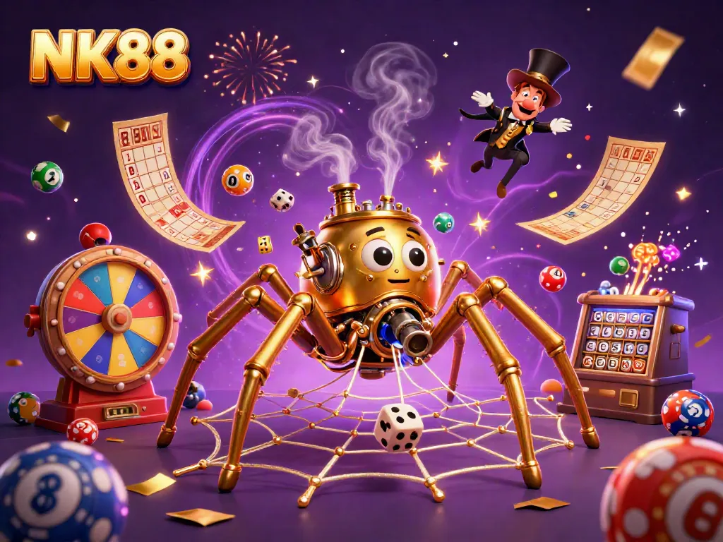 Experience the enchanting NK88 steampunk spider in this vibrant casino-themed scene with lottery balls and confetti.