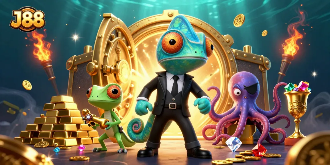 Experience thrilling gaming at J88 with an action-packed 3D casino adventure featuring colorful characters and treasures.