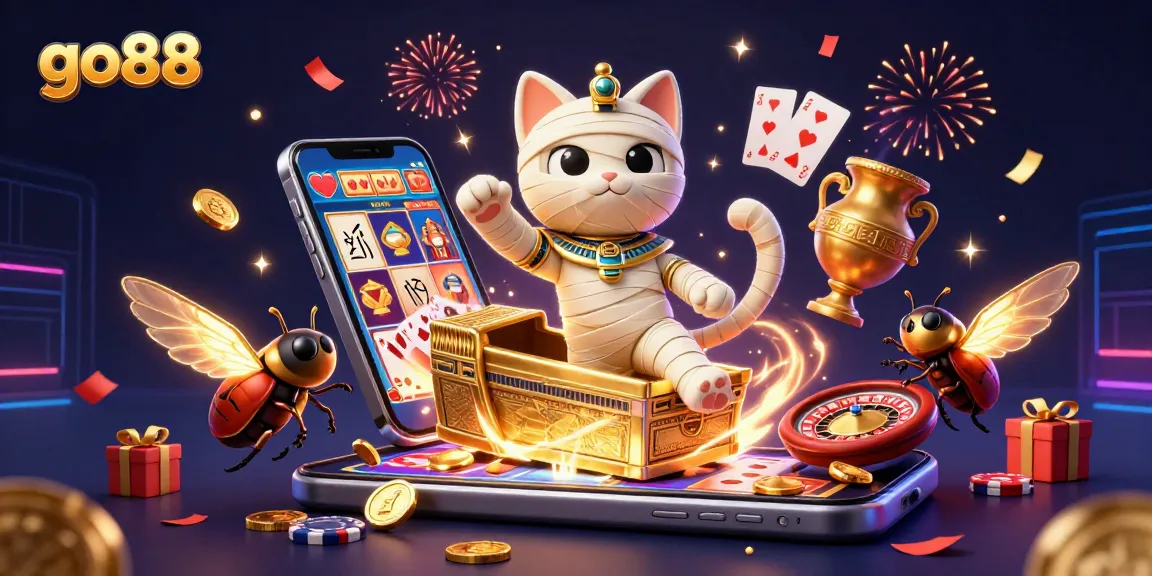 Play thrilling games at go88 with an exciting scene featuring a mummy cat, glowing scarab, and floating hieroglyph cards.