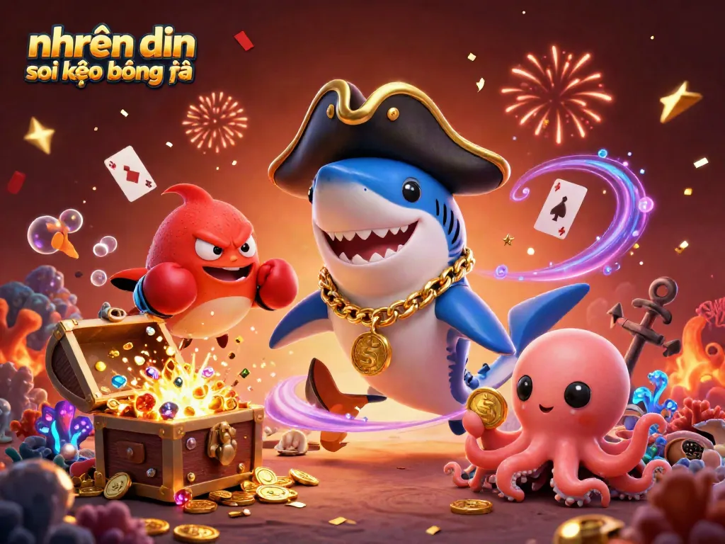 Engaging 3D illustration of nhận định soi kèo bóng đá showing a pirate shark, pufferfish, and octopus collecting treasures in a vibrant casino atmosphere.
