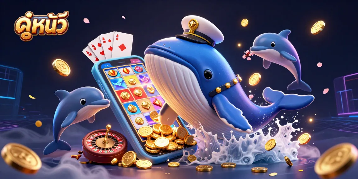 Engage in ดูหนัง while enjoying a thrilling gambling scene with playful dolphins and a giant whale amidst casino elements.