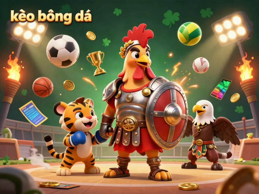 Engage in thrilling kèo bóng đá action with a cartoon gladiator rooster and sports elements in a vibrant colosseum.