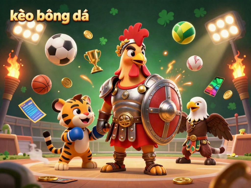 Engage in thrilling kèo bóng đá action with a cartoon gladiator rooster and sports elements in a vibrant colosseum.