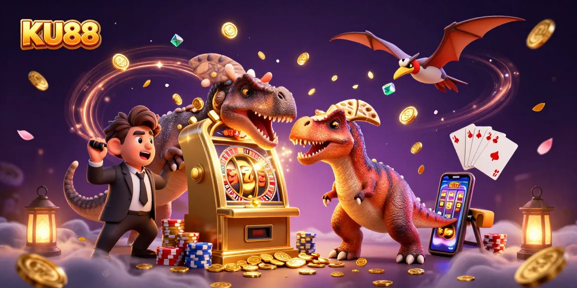 KU88 casino characters celebrating jackpot wins amidst golden coins and excitement.