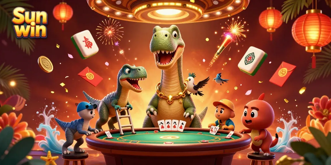 Experience the excitement of Sun win as a dinosaur dealer oversees an animated casino scene.