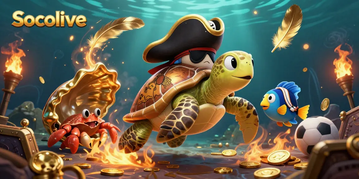 Socolive showcases a lively underwater scene featuring a pirate turtle, crab, and parrotfish amidst sports-themed treasures.