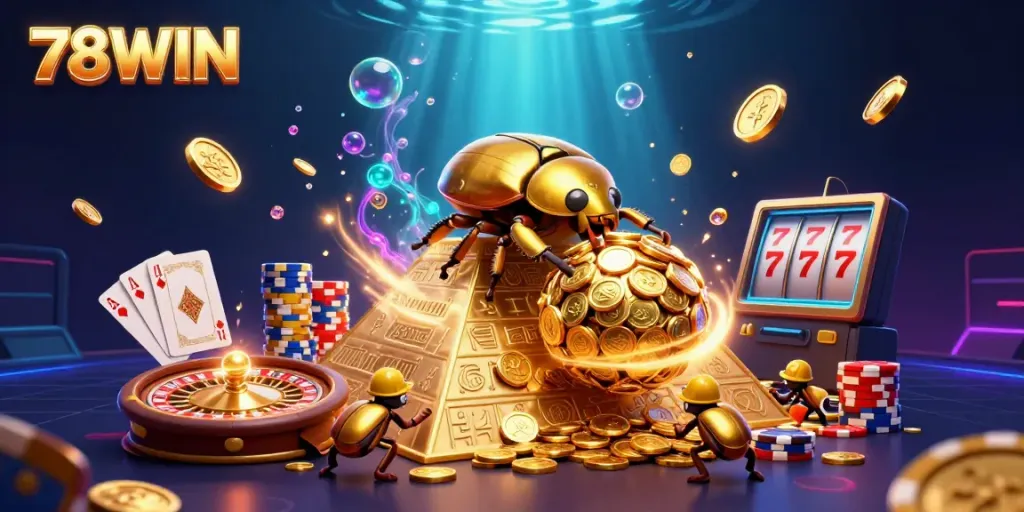 Experience thrilling casino action with 78WIN's golden beetle adventure, packed with coins and gaming symbols.