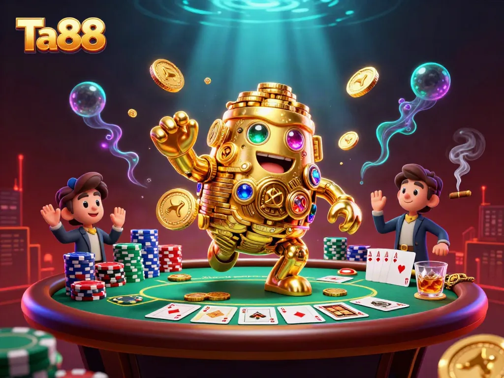 Experience thrilling gameplay at Ta88 with our vibrant 3D illustration of a gold golem among poker games and chips.