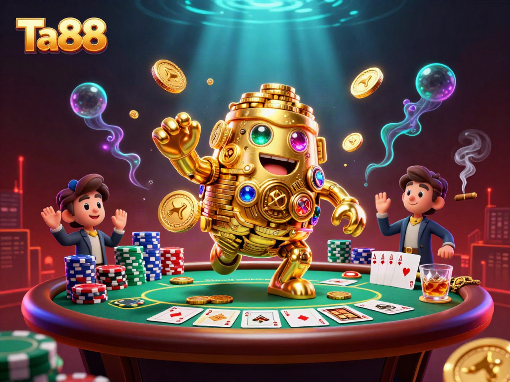 Experience thrilling gameplay at Ta88 with our vibrant 3D illustration of a gold golem among poker games and chips.