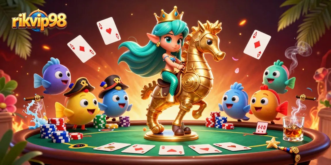 Engage in thrilling games at rikvip98 with vibrant 3D casino illustration highlighting card and poker action.