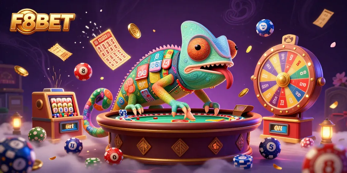 F8BET showcases an animated chameleon casino owner capturing excitement with vibrant lottery elements.