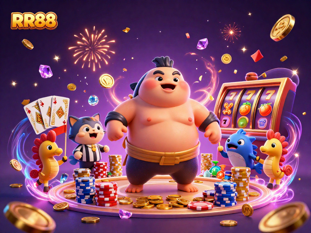 Spin the reels and win big at RR88 with festive 3D casino scene featuring fugu and friends.