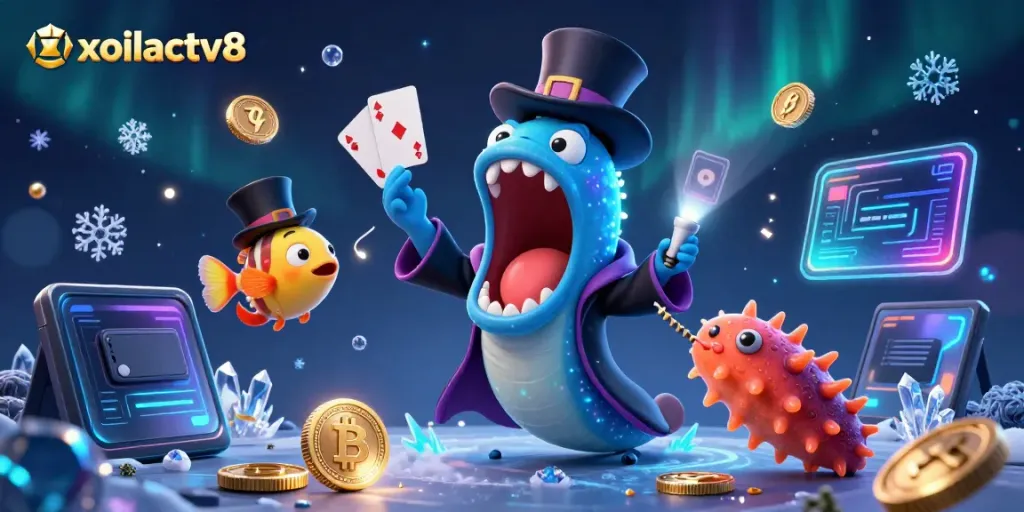 Experience thrilling card tricks with xoilactv8's magical underwater casino scene featuring unique sea creatures.