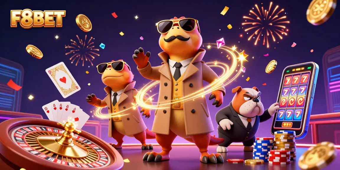 Experience F8BET's animated casino scene with raptors in disguise and vibrant game elements.