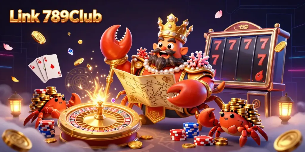 Experience the adventure with Link 789Club featuring majestic crab emperor in a vibrant casino scene.
