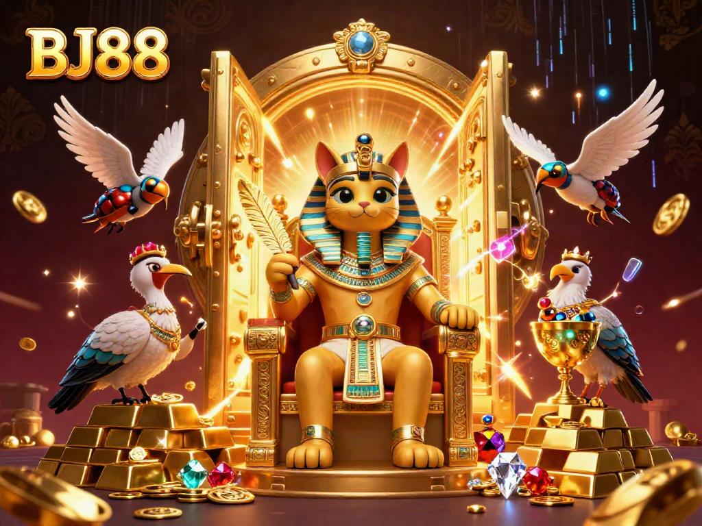 BJ88 captivates players with an extravagant 3D casino scene of treasure and Egyptian motifs.