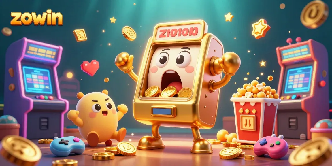 Zowin slot machine celebrating a jackpot with cheerful side characters and colorful arcade elements.