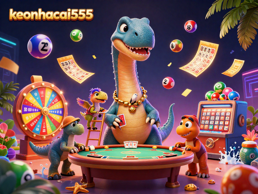 Engage with keonhacai555 in this vibrant 3D casino dynamic illustration showcasing exciting gaming elements.