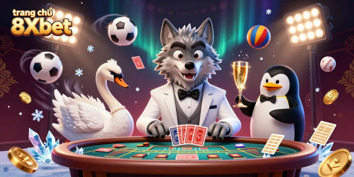Experience excitement with trang chủ 8Xbet's captivating casino scene featuring a wolf, swan, and penguin.