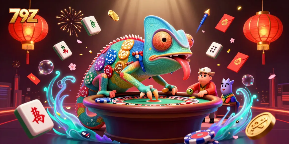 Experience 79Z with vibrant casino elements and chameleon owner in a dynamic, festive atmosphere.