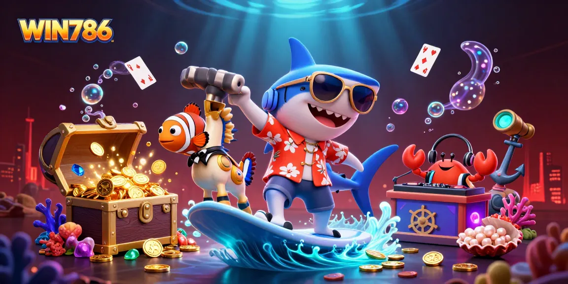 WIN786 immerses players in exciting casino action with a shark surfing on golden coins.