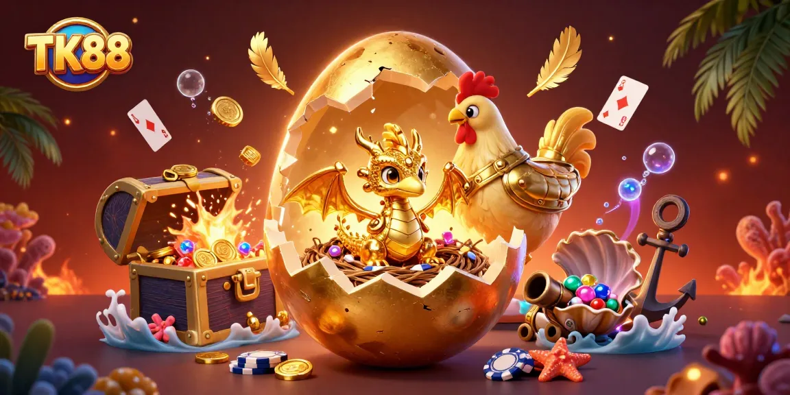 Experience TK88 with a striking 3D illustration of a golden dragon amidst poker chips and rich casino elements.
