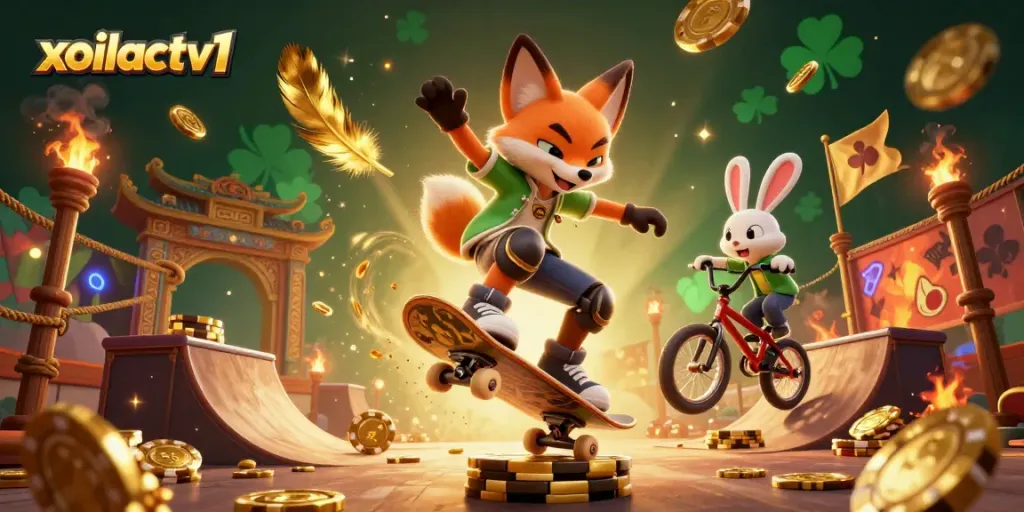 Xoilactv1 features a skateboarder fox and BMX rabbit performing tricks over golden chips