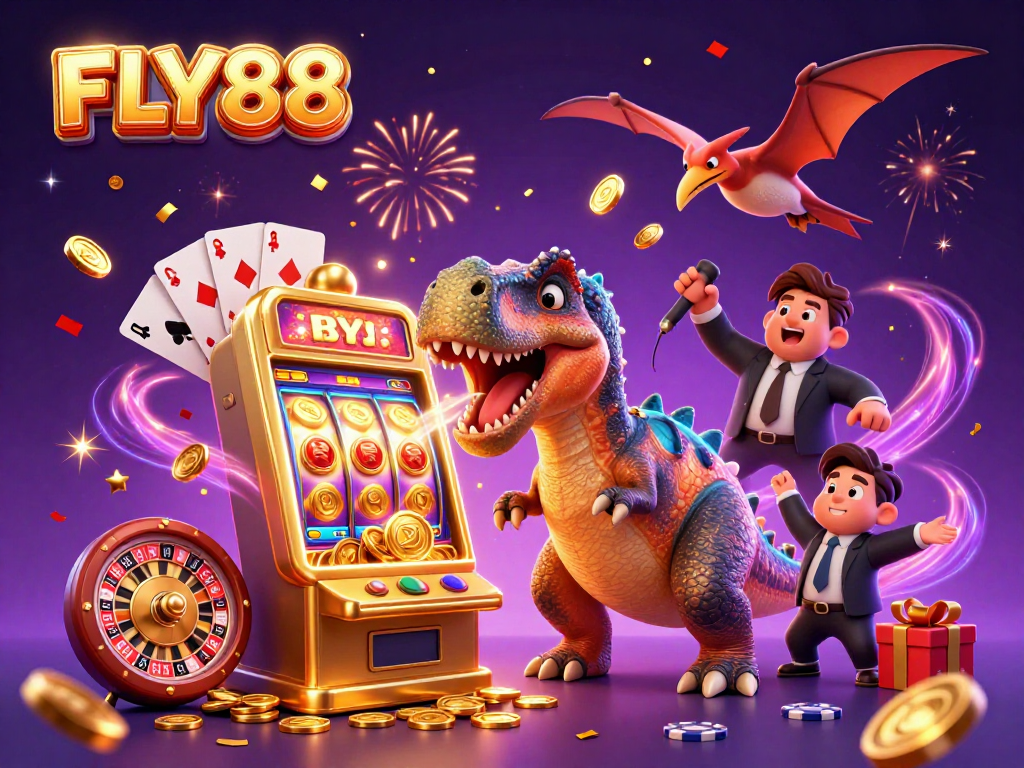 FLY88 avatar wins jackpot coins while playing slot machine surrounded by exciting casino elements