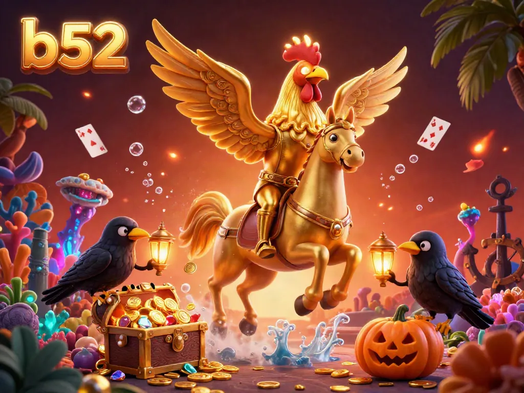 Experience the magic of b52 at this vibrant casino scene featuring a golden rooster and crow companions among treasures and gaming elements.