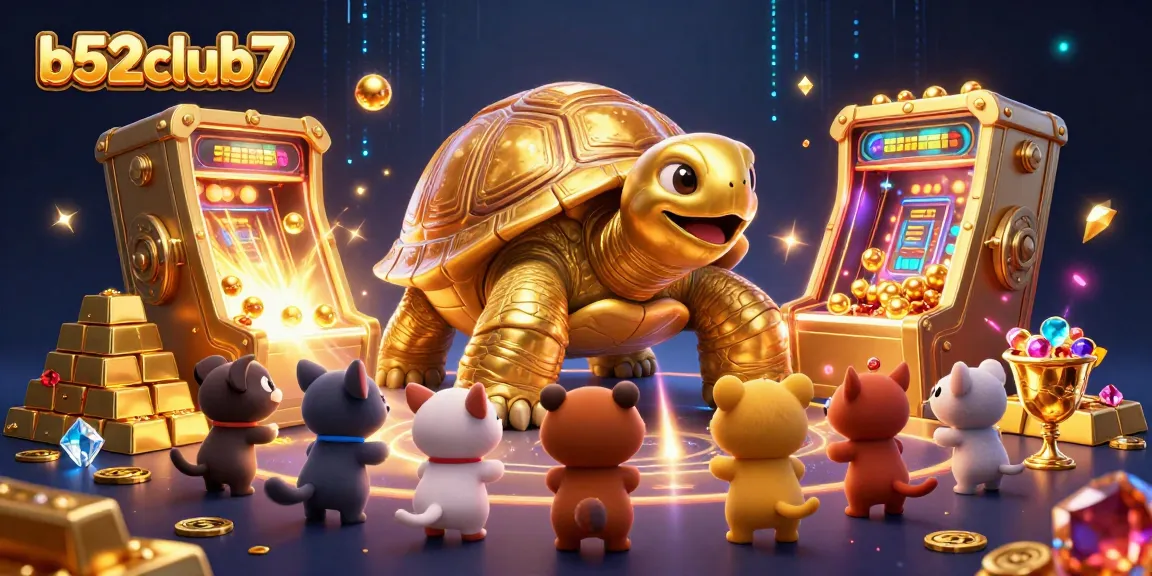 Bets booming at b52club7 with a golden tortoise game spinning vibrant fortunes in a dynamic casino scene.