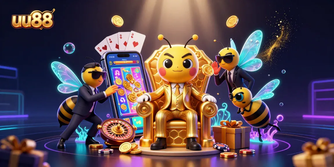 Spin the reels with uu88 in a vibrant 3D casino scene featuring dynamic game elements and characters.