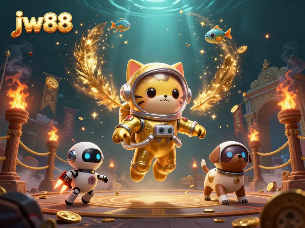 Experience the excitement of jw88 with a dynamic scene of a space astronaut cat and robot dog amidst gambling elements.