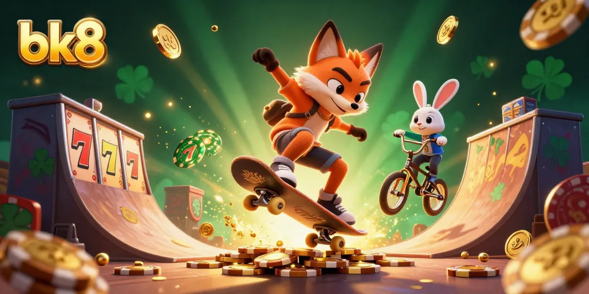 Engage in thrilling gameplay at bk8 with a dynamic scene featuring a skateboarder fox and BMX rabbit among vivid casino elements.