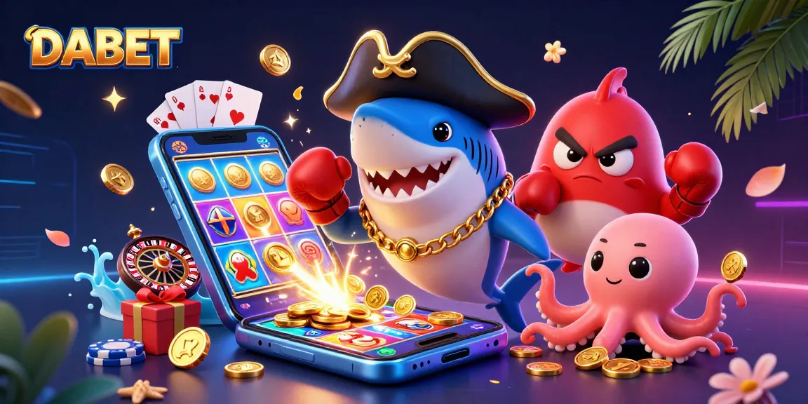DABET players enjoy exciting slot games and bonuses with cartoon characters in a vibrant casino setting.