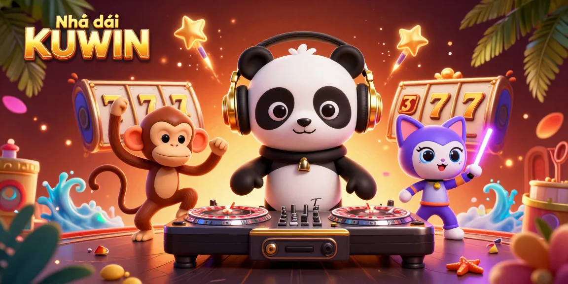 Engage in thrilling gameplay at Nhà cái KUWIN with festive scenes of jackpot spins and vibrant characters.