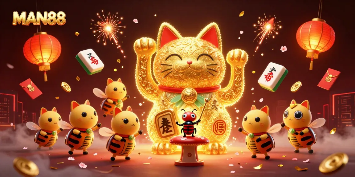 Engage with MAN88's dynamic lucky cat illustration, showcasing various vibrant casino symbols and elements.