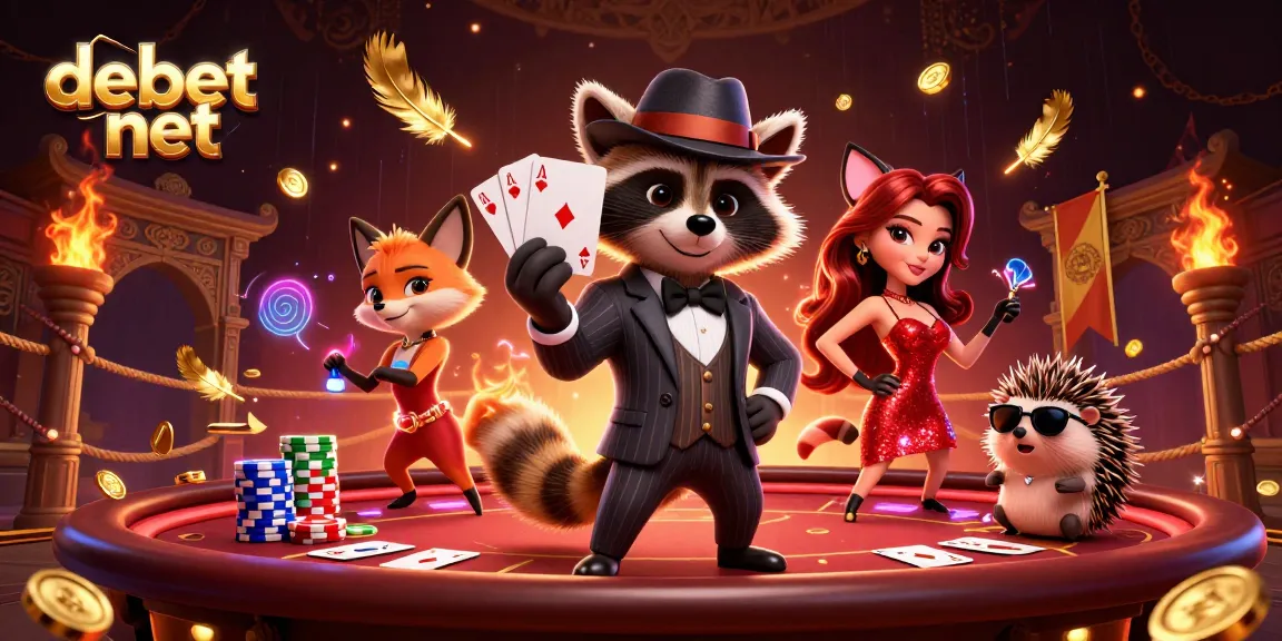 Experience the excitement of debet net with a poker scene featuring charming characters and vibrant casino elements.